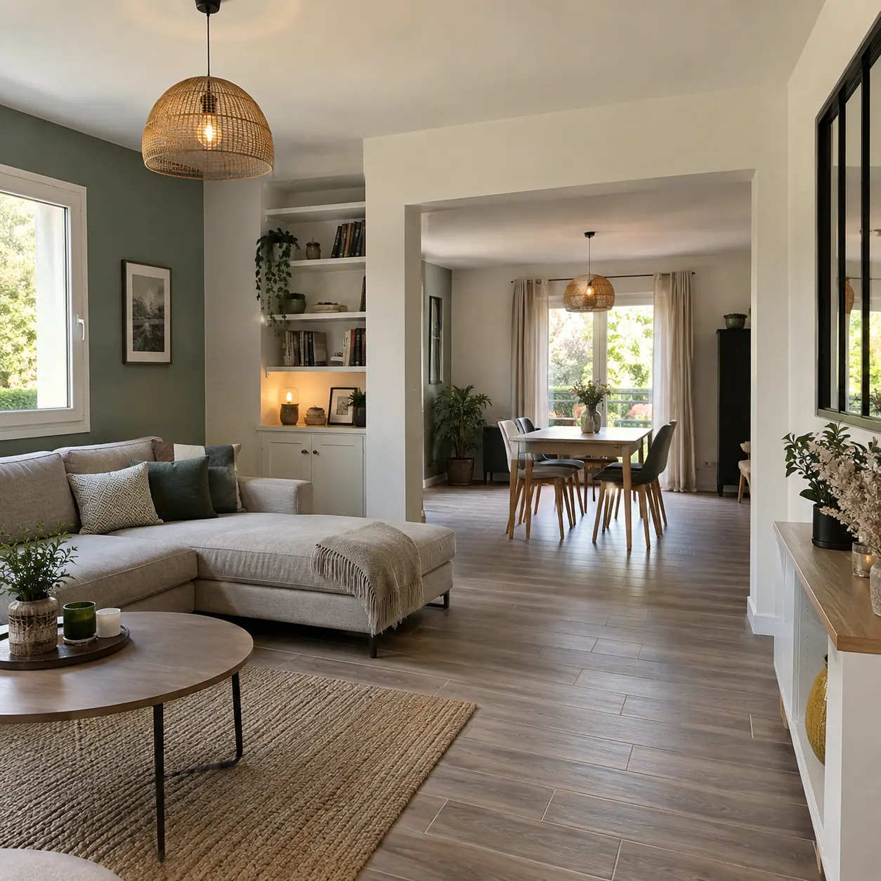 Intérieur moderne d'une maison rénovée avec salon ouvert, aménagement lumineux et électricité intégrée