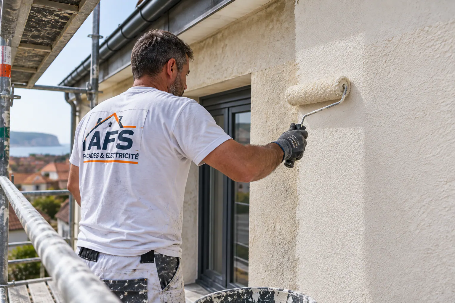 Artisan appliquant une peinture sur une façade extérieure