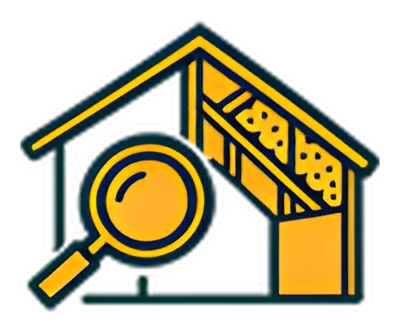 Loupe inspectant une maison avec façade et charpente, symbolisant l'audit et le diagnostic pour travaux de plâtrerie à Isques