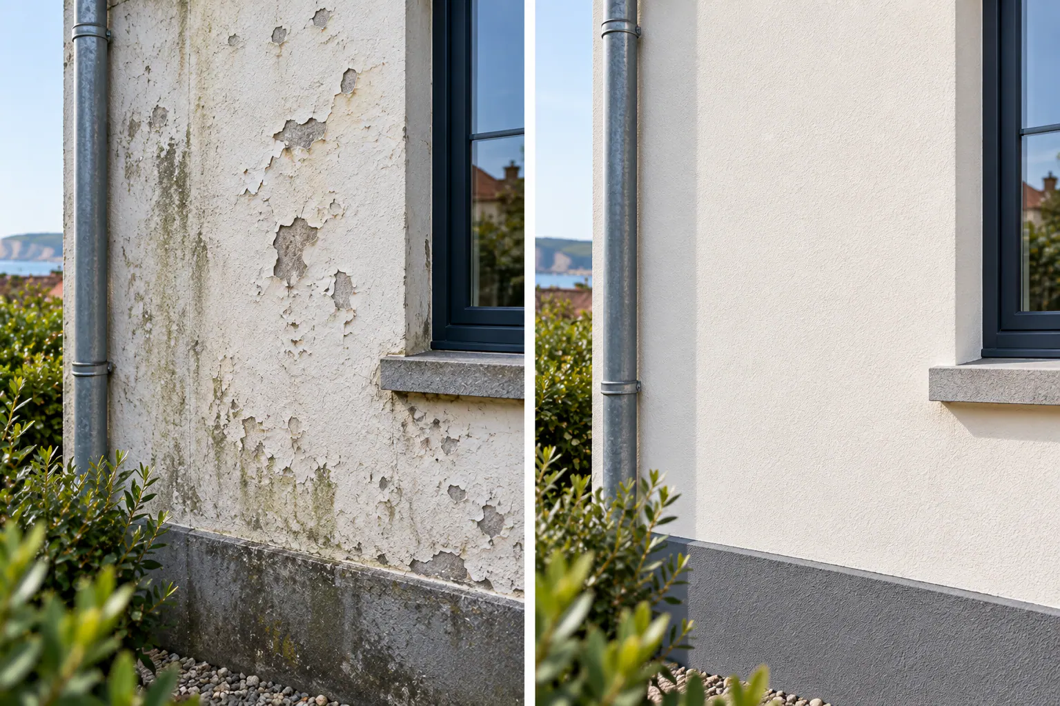 Avant après d'un mur extérieur rénové et repeint