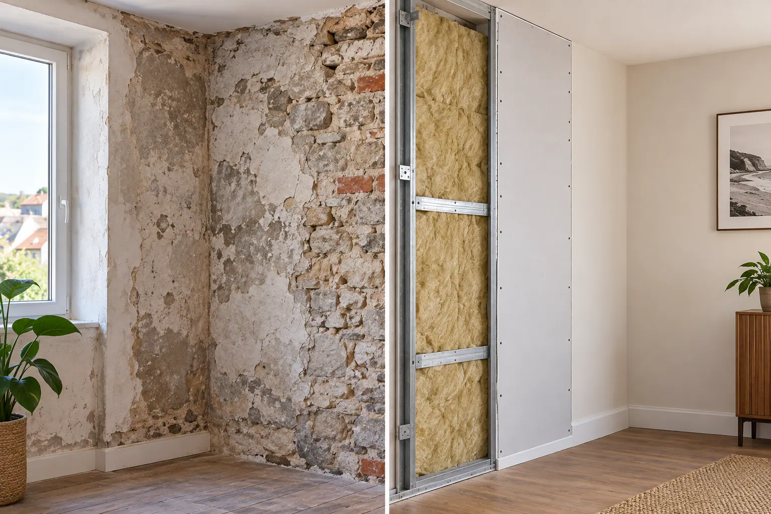 Avant après de l'isolation thermique d'un mur intérieur