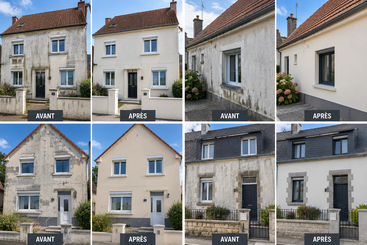 Avant après de quatre façades rénovées et repeintes