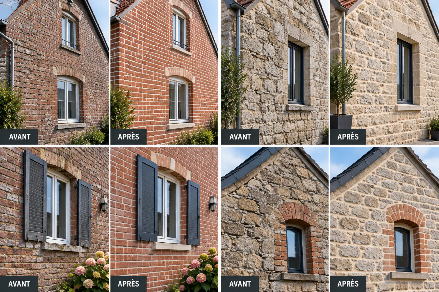 Avant après de quatre rénovations de joints de façades