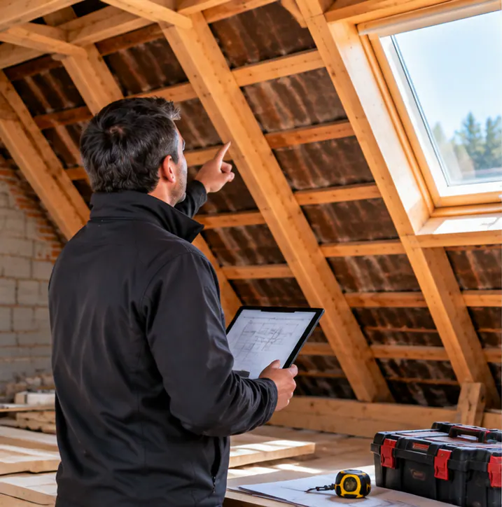 Artisan inspectant l'isolation des combles avec plan de chantier à Isques