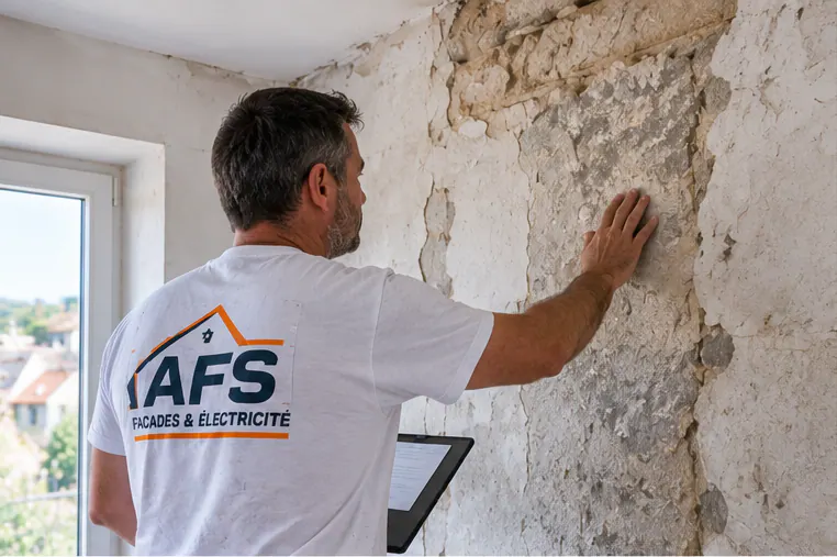 Artisan AFS inspectant l'isolation d'un mur intérieur à Isques, expert en façades et électricité