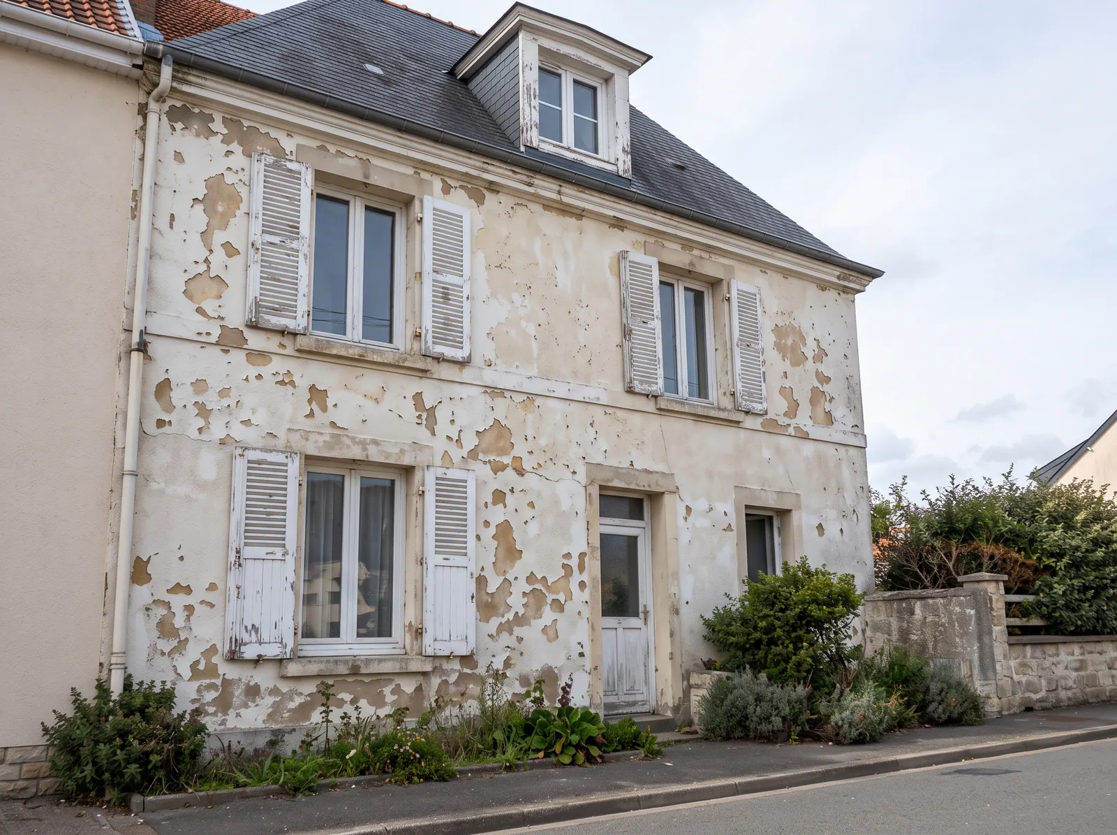 Façade de maison à rénover à Isques avec enduit détérioré et peinture écaillée