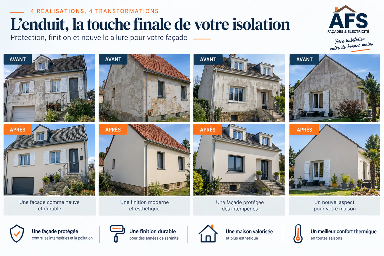 Quatre maisons avant-après avec enduit de façade et isolation extérieure à Isques, montrant la transformation d'une finition neuve, moderne et protégée