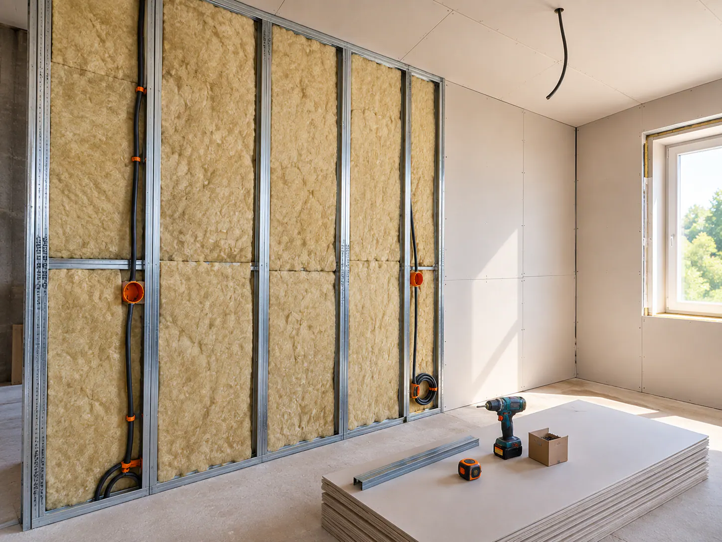 Isolation thermique des murs par l'intérieur avec isolant et ossature métallique