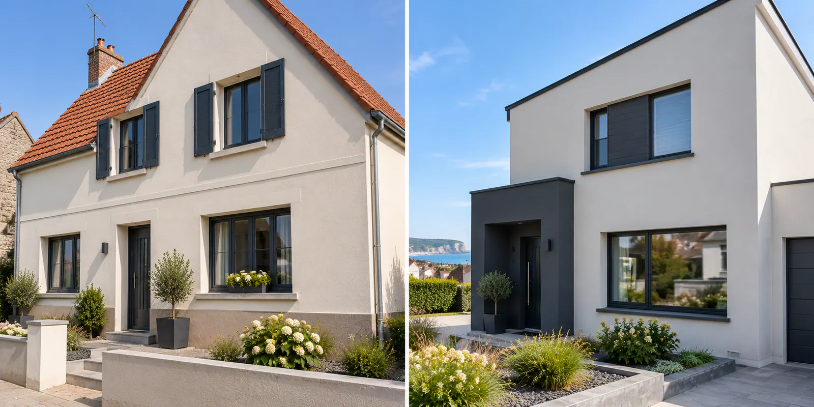 Maison rénovée avec une peinture de façade claire