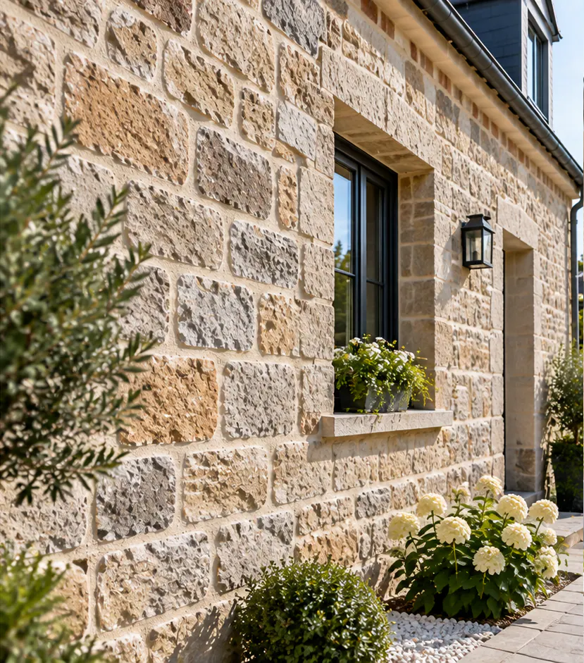 Mur extérieur en pierres avec joints rénovés