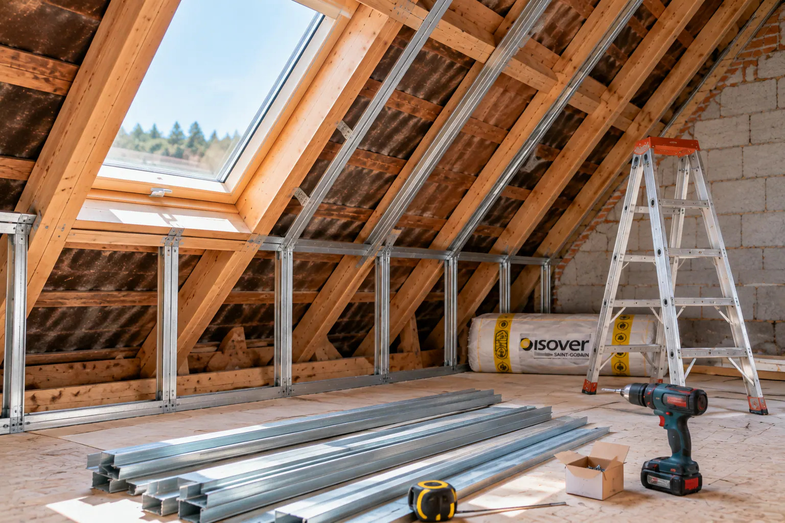 Chantier d'isolation des combles avec charpente bois, isolant Isover et ossature métallique à Isques