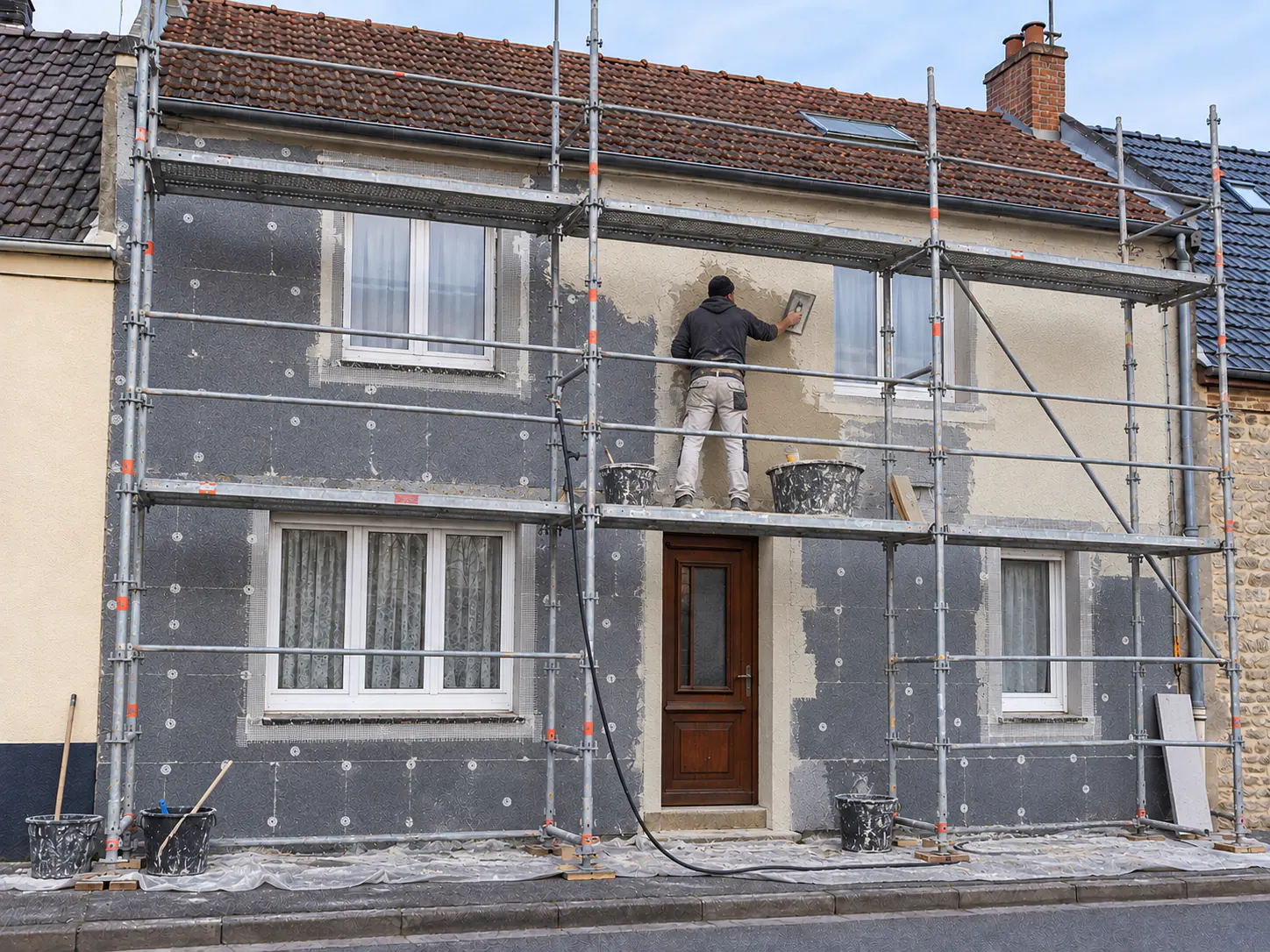 Ravalement de façade avec isolation thermique en cours sur maison à Isques, échafaudage et enduit de protection visibles