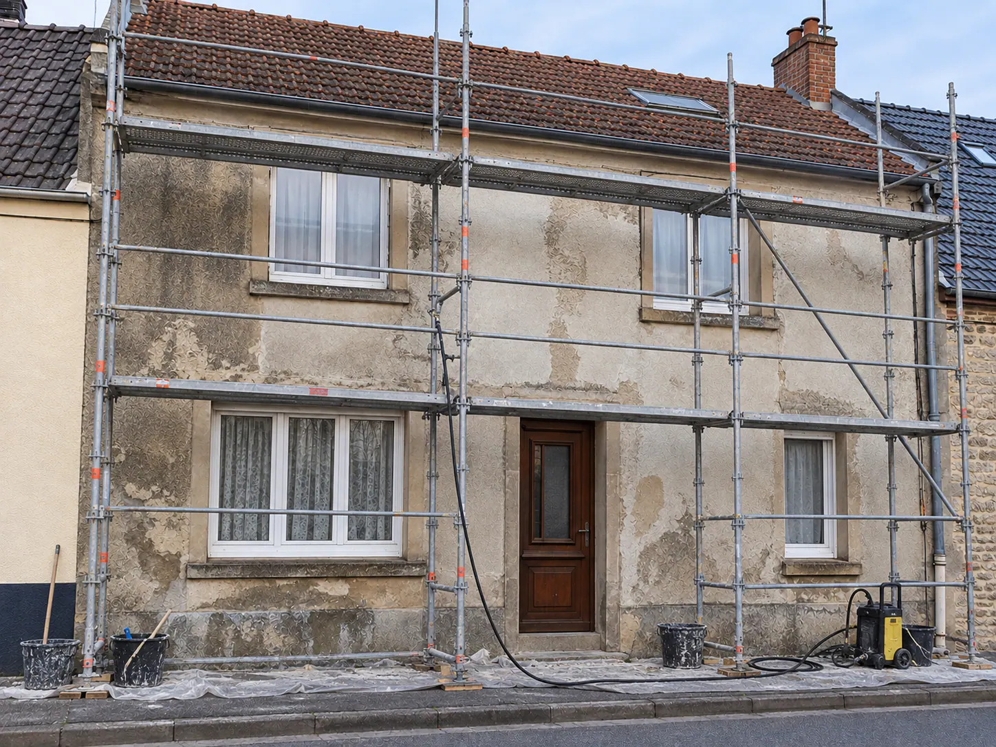 Façade de maison en pierre à Isques en cours de ravalement avec échafaudage métallique